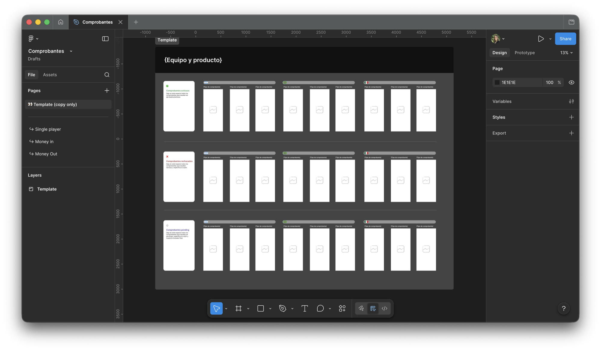 Figma template used to audit transaction receipts across product squads